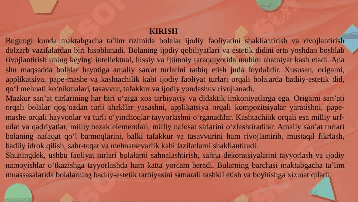 Origami san’atining rivojlanish tarixi.Origami usulida o‘yinchoq yasash. Applikatsiya haqida umumiy tushuncha .Applikatsiyada qirqishni har xil usullarini bajarish.Pape- mashe usuli.Pape-mashe usulida o‘yinchoqlar yasashKashtachilik tarixi .Kashta turlari . Kashta tayyorlash texnologiyasi.Kashta tikishda chok turlari .Bezakli va mazmunli kashtalar. Buyumlarni kashtalar bilan bezatish texnologiyasi. 3