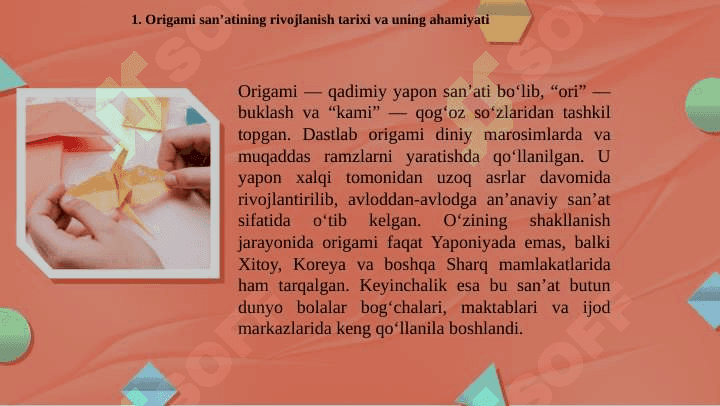 Origami san’atining rivojlanish tarixi.Origami usulida o‘yinchoq yasash. Applikatsiya haqida umumiy tushuncha .Applikatsiyada qirqishni har xil usullarini bajarish.Pape- mashe usuli.Pape-mashe usulida o‘yinchoqlar yasashKashtachilik tarixi .Kashta turlari . Kashta tayyorlash texnologiyasi.Kashta tikishda chok turlari .Bezakli va mazmunli kashtalar. Buyumlarni kashtalar bilan bezatish texnologiyasi. 4