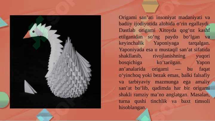 Origami san’atining rivojlanish tarixi.Origami usulida o‘yinchoq yasash. Applikatsiya haqida umumiy tushuncha .Applikatsiyada qirqishni har xil usullarini bajarish.Pape- mashe usuli.Pape-mashe usulida o‘yinchoqlar yasashKashtachilik tarixi .Kashta turlari . Kashta tayyorlash texnologiyasi.Kashta tikishda chok turlari .Bezakli va mazmunli kashtalar. Buyumlarni kashtalar bilan bezatish texnologiyasi. 6