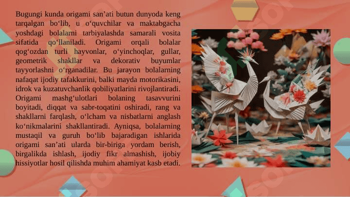 Origami san’atining rivojlanish tarixi.Origami usulida o‘yinchoq yasash. Applikatsiya haqida umumiy tushuncha .Applikatsiyada qirqishni har xil usullarini bajarish.Pape- mashe usuli.Pape-mashe usulida o‘yinchoqlar yasashKashtachilik tarixi .Kashta turlari . Kashta tayyorlash texnologiyasi.Kashta tikishda chok turlari .Bezakli va mazmunli kashtalar. Buyumlarni kashtalar bilan bezatish texnologiyasi. 7