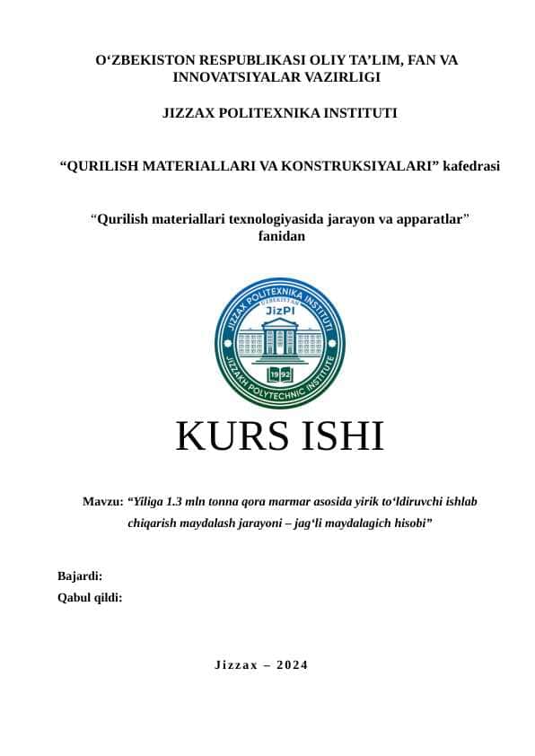 Yiliga 1.3 mln tonna qora marmar asosida yirik to‘ldiruvchi ishlab chiqarish maydalash jarayoni – jag‘li maydalagich hisobi