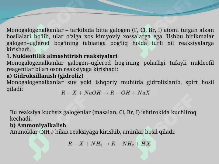 Monogalogenalkanlarning kimyoviy xossalari 2