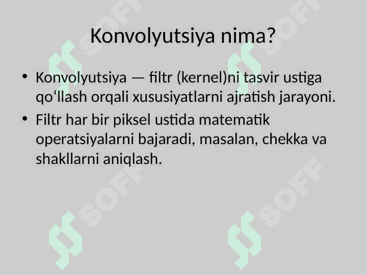 CNN arxitekturasi va ishlash strukturasi. Konvulatsion qatlamlarni hisoblash. 4