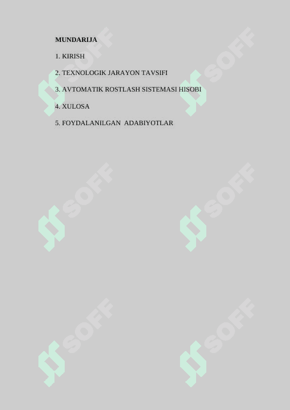 Texnologik jarayonlarni Avtomatlashtirish Kurs ishi, TJA kurs ishi Dizel yoqilg’isini suyuqlik yordamida tozalash jarayonini avtomatlashtirish 2