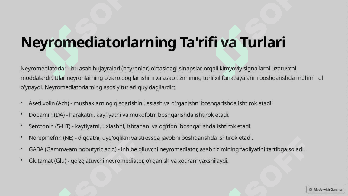 Neyromediatorlar:Biosintez ahamiyati va kasalliklar 2
