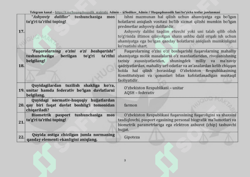 2024-2025 Yillar uchun ichki ishlar va maktab bitiruvchilari uchun umumiy huquq fanidan test savollari javoblari bilan 3