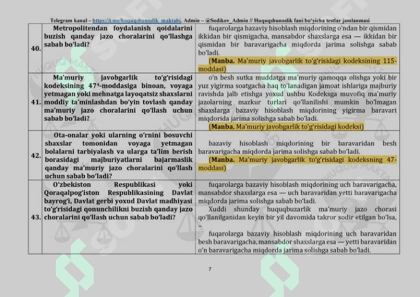 2024-2025 Yillar uchun ichki ishlar va maktab bitiruvchilari uchun umumiy huquq fanidan test savollari javoblari bilan 7