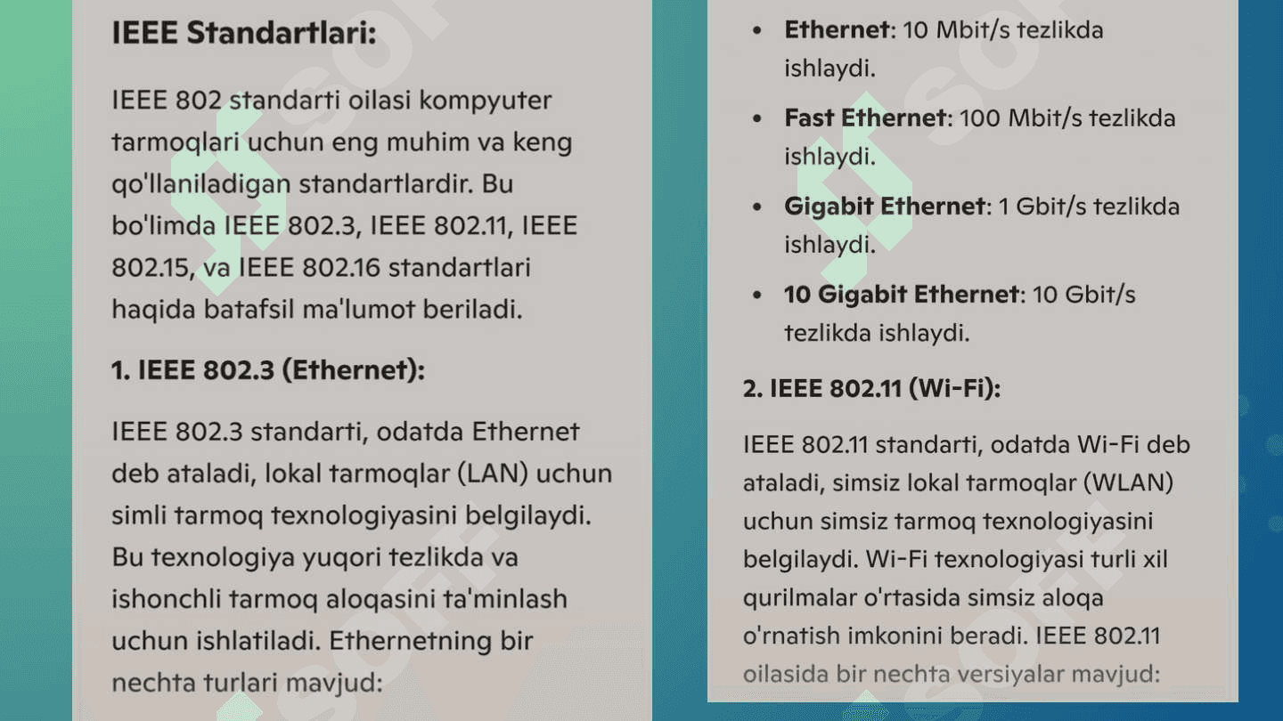 Kompyuter tarmoqlarining standartlari. IEEE oilasi standartlarini o'rganish. 4