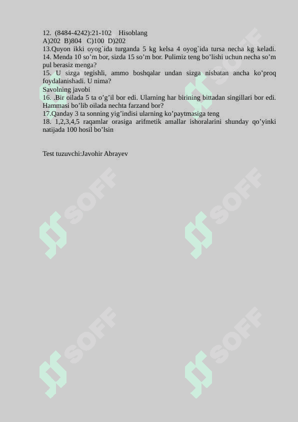 Matematika Prezident maktab tayyorlov 2