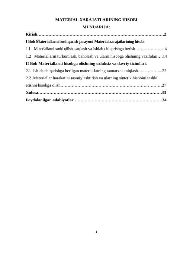 MATERIAL XARAJATLARINING HISOBI