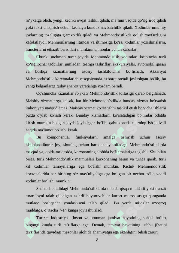Mehmondo'stlik industryasi xizmat ko'rsatish faoliyatida biznesni rejalashtirish jarayonlari 8