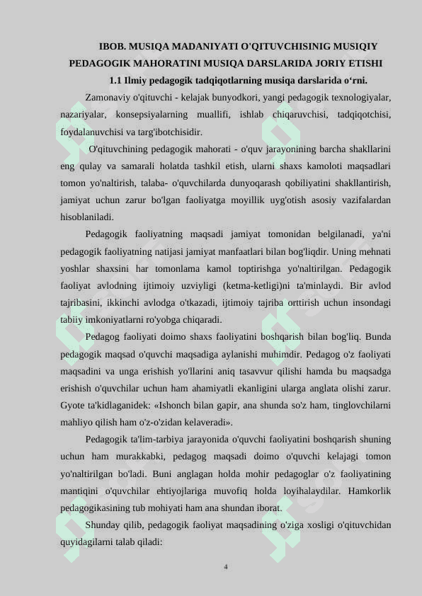 MUSIQA TARBIYASIGA OID ILMIY PEDAGOG TADQIQOTLARNI MUSIQA DARSLARIDA JORIY ETISH 4
