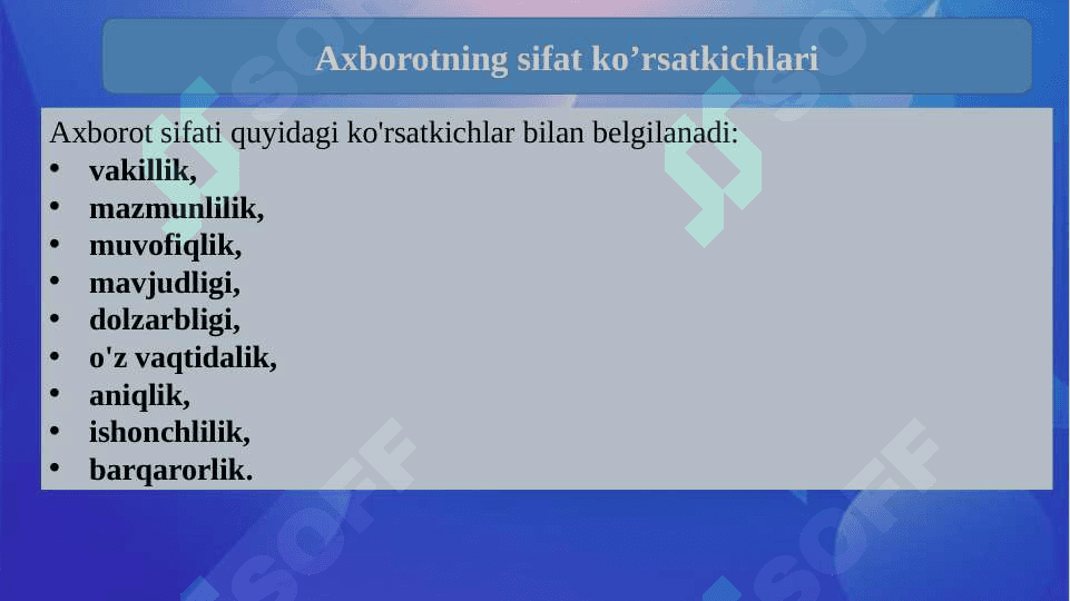 Zamonaviy axborot texnologiyalari va ularni qo‘llanilishi. Axborot texnologiyalarining kontseptual asoslari. 7