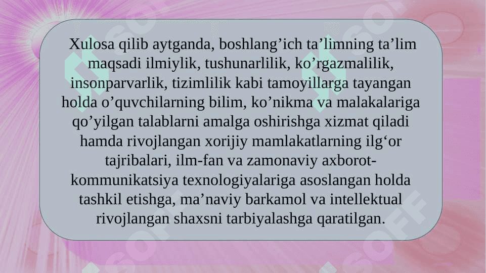 Boshlang‘ich sinf o‘qituvchilarinining me’yoriy hujjatlariga qo‘yiladigan talablar va ularni dasturiy vositalarda shakllantirish. 8