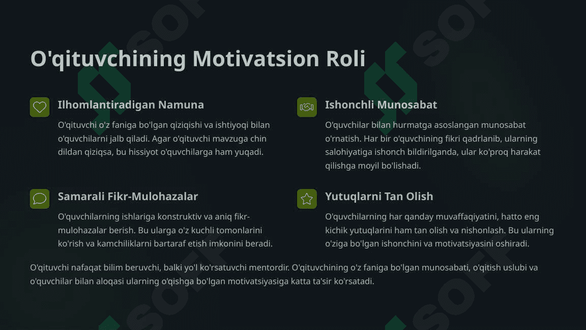 O‘quvchilarni motivatsiya qilish: Talabalarni darslarga qiziqtirish va ularning o‘qishga bo‘lgan ishtiyoqini oshirish usullari. 3