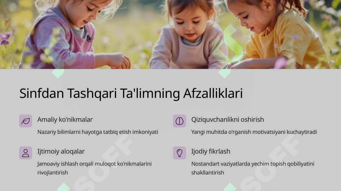 Sinfdan tashqari ta'lim: O‘quvchilar bilan tashqi muhitda bilim olish imkoniyatlari va tajribalar. 2