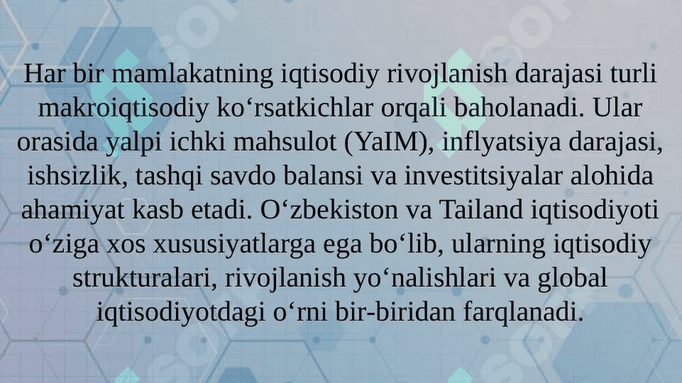 O‘zbekiston va Tailandning makroiqtisodiy ko‘rsatkichlarini solishtirish 2