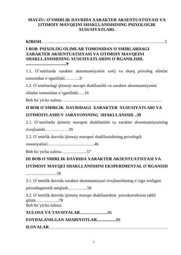 O’SMIRLIK DAVRIDA XARAKTER AKSENTUATSIYASI VA IJTIMOIY MAVQEINI SHAKLLANISHINING PSIXOLOGIK XUSUSIYATLARI