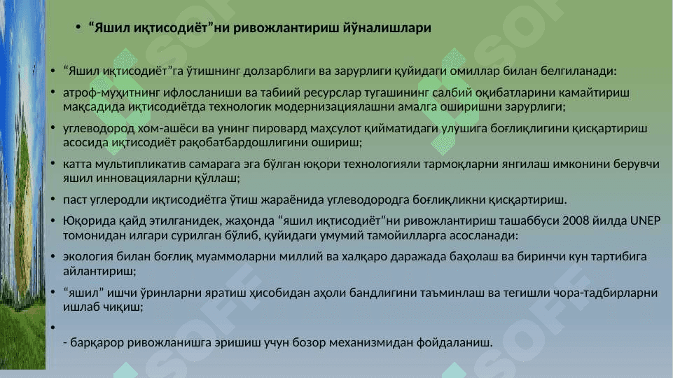 YASHIL IQTISОDIYOTNI RIVОJLАNTIRISH YO'NАLISHLАRI 8
