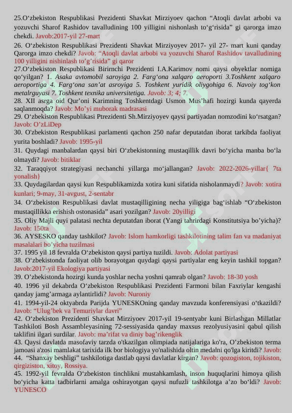 O'zbekiston Yangi tarix savollar javoblari bilan 2