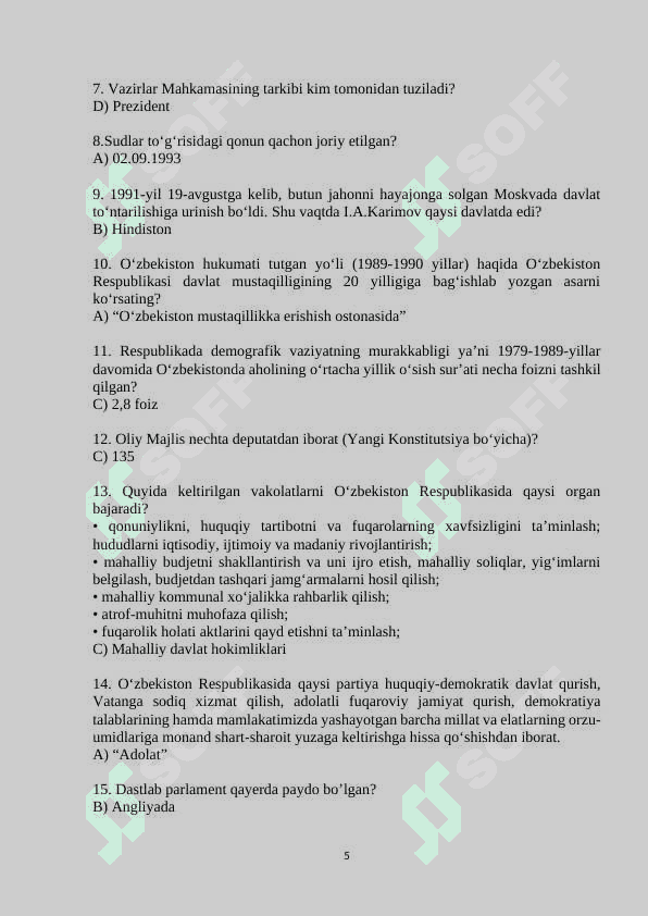 O'zbekistonning eng yangi tarixi test savollari 10 ta variant 5