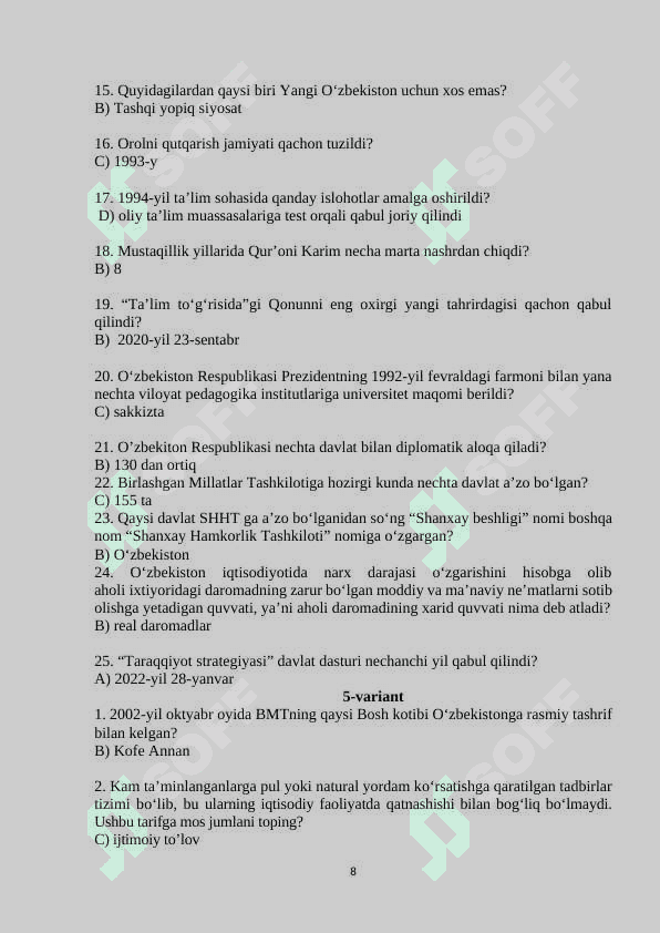 O'zbekistonning eng yangi tarixi test savollari 10 ta variant 8