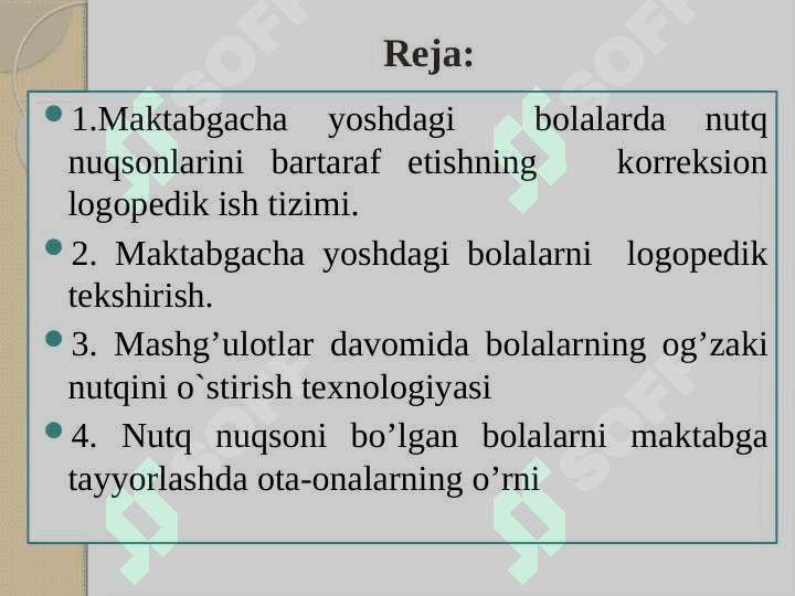 Nutq kamchiligiga ega bolalarni  maktab ta’limiga  nutqiy jixatdan tayyorlash. 2