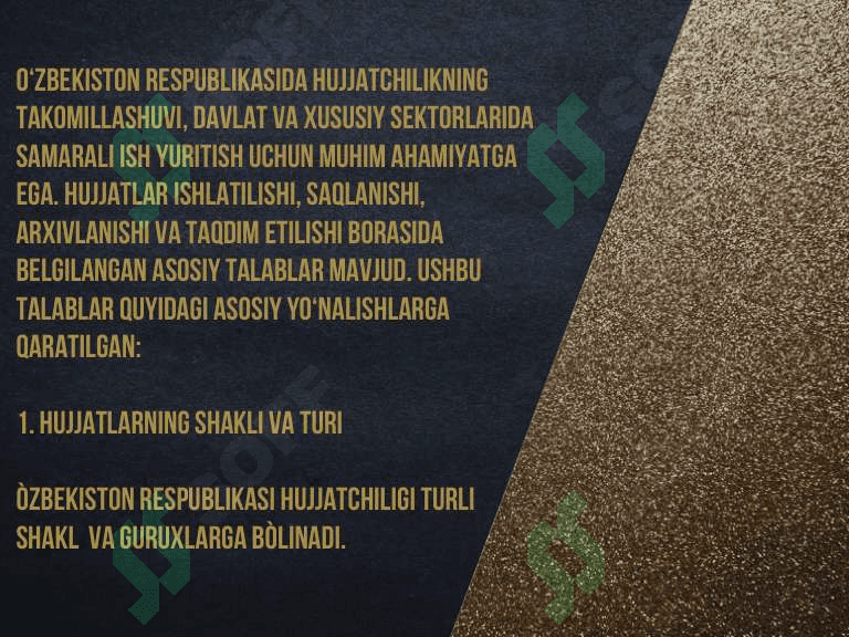 O‘zbekiston Respublikasida hujjatchilikning takomillashuvi. Ish hujjatlari va ularga qòyiladigan asosiy talablar 3