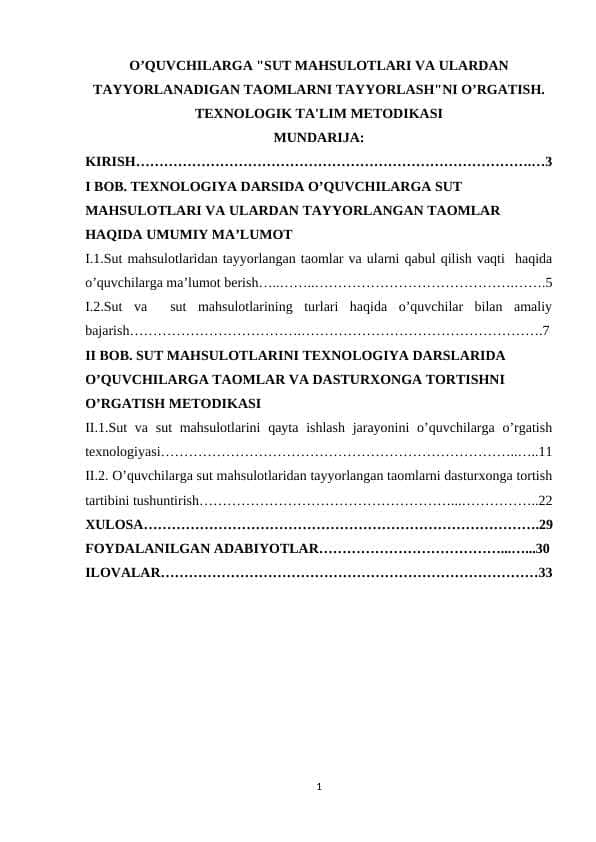 O’QUVCHILARGA "SUT MAHSULOTLARI VA ULARDAN TAYYORLANADIGAN TAOMLARNI TAYYORLASH"NI O’RGATISH. TEXNOLOGIK TA'LIM METODIKASI