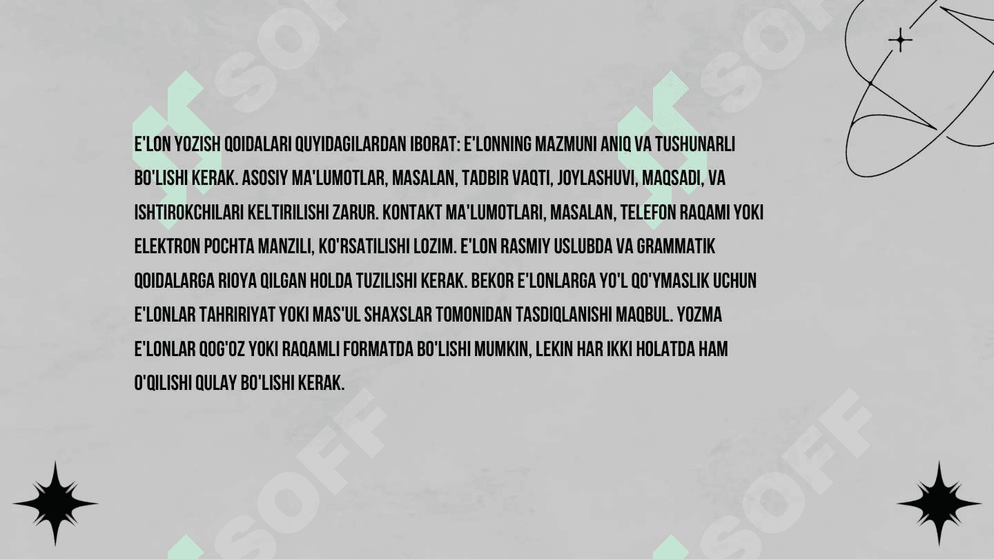 E‘lon, xisobot. Xizmat yozishmalari. Taklifnoma, telegramma, xatlar. Axborot va da‘vo xati. Talabnoma va ilova xatlar. 3