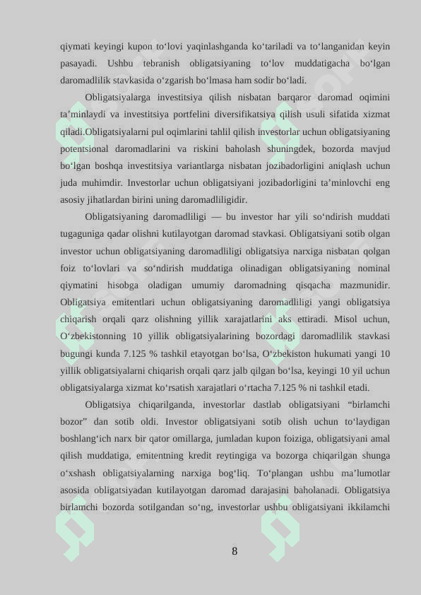 OBLIGATSIYALAR QIYMATI VA DAROMADLILIGI 8