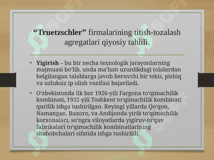 “Truetzschler”, “Rieter’’, “Marzoli” firmalarining titish-tozalash agregatlari qiyosiy tahlili 2