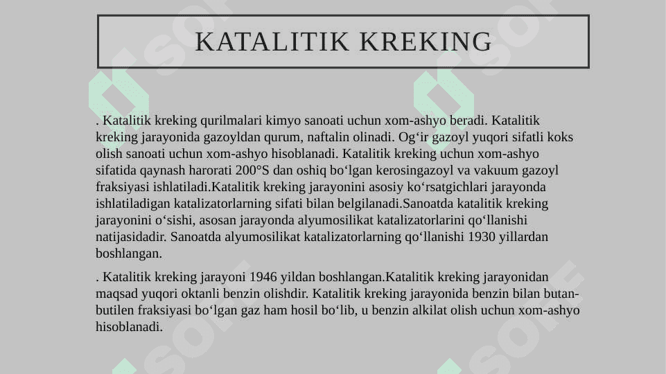 Jarayonda qo’llaniladigan katalizatorlar va ularning hossalari, ularda ketadigan reaksiyalar va ularning mexanizmi 3