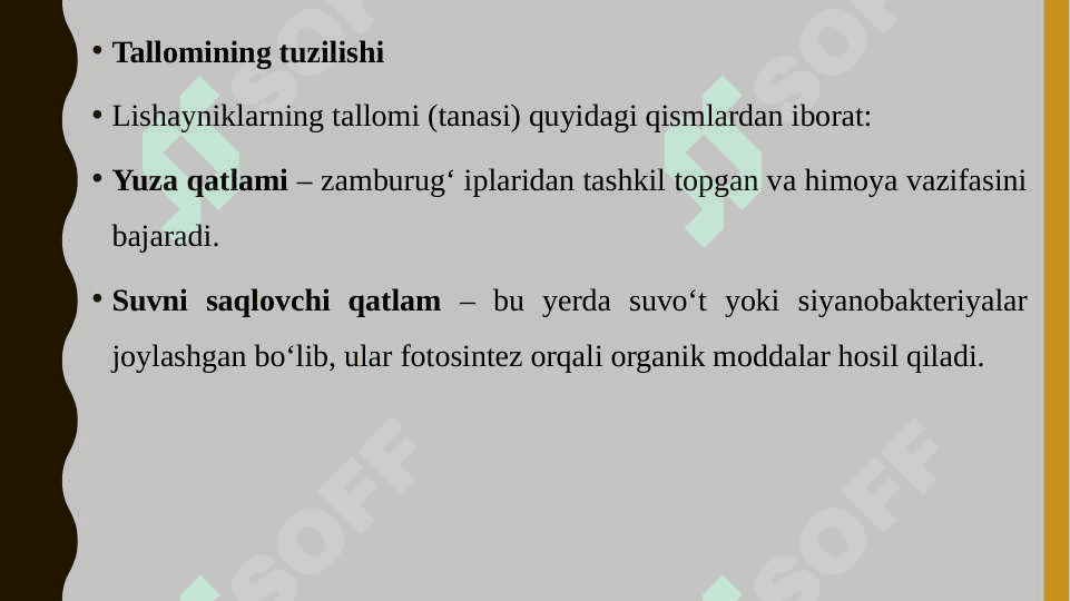 Lishayniklar bo'limi tavsifi, tallomining tuzilishi, xillari tabiatda va xalq xo‘jaligida ahamiyati 5