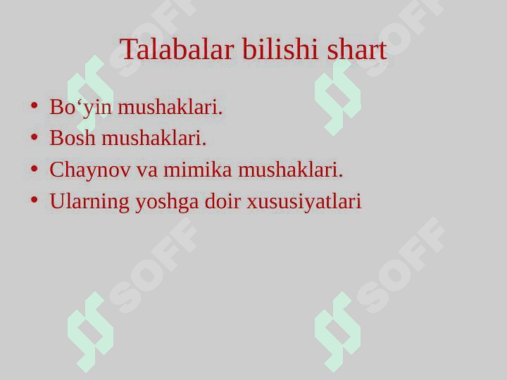 Bo‘yin mushaklari. Bosh mushaklari. Chaynov va mimika mushaklari. Ularning yoshga doir xususiyatlari 2