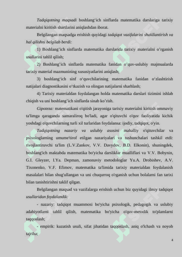 BOSHLANG`ICH SINFLARDA MATEMATIKA DARSLARIDA TARIXIY MATERIALNI O`RGANISH METODIKASI 4