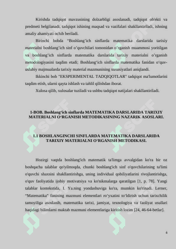 BOSHLANG`ICH SINFLARDA MATEMATIKA DARSLARIDA TARIXIY MATERIALNI O`RGANISH METODIKASI 6
