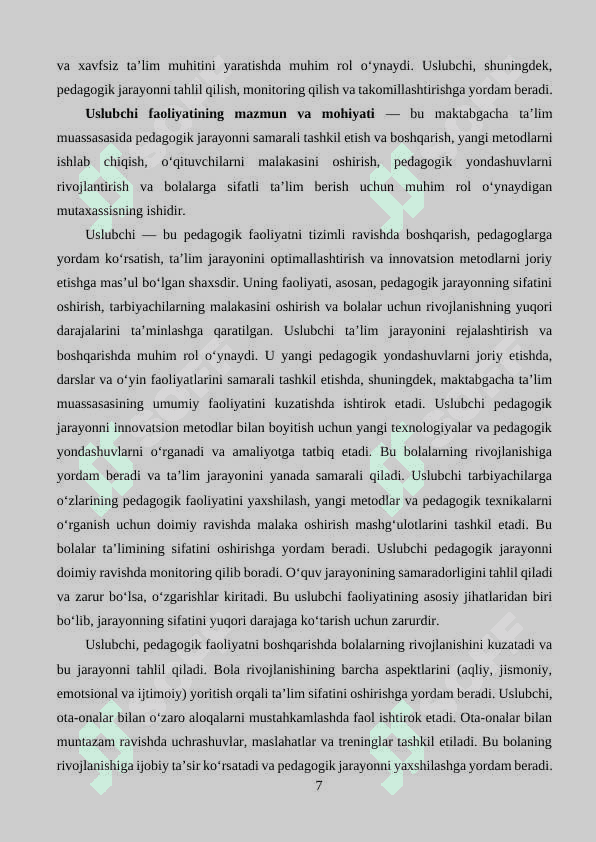 Uslubchining ta’lim-tarbiyaviy ishlariga rahbarligi. MTTda monitoring tizimini tashkil etish. 7