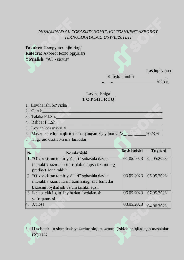 “O‘zbekiston havo yo‘llari” sohasida davlat interaktiv xizmatlarini loyihalash Mavzusidagi Loyiha ishi 2