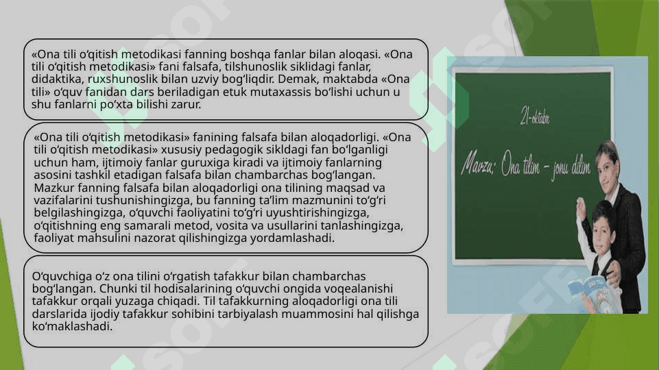 Ona tili o‘qitish metodikasining tamoyillari, «Ona tili o‘qitish metodikasi fanning boshqa fanlar bilan aloqasi 4