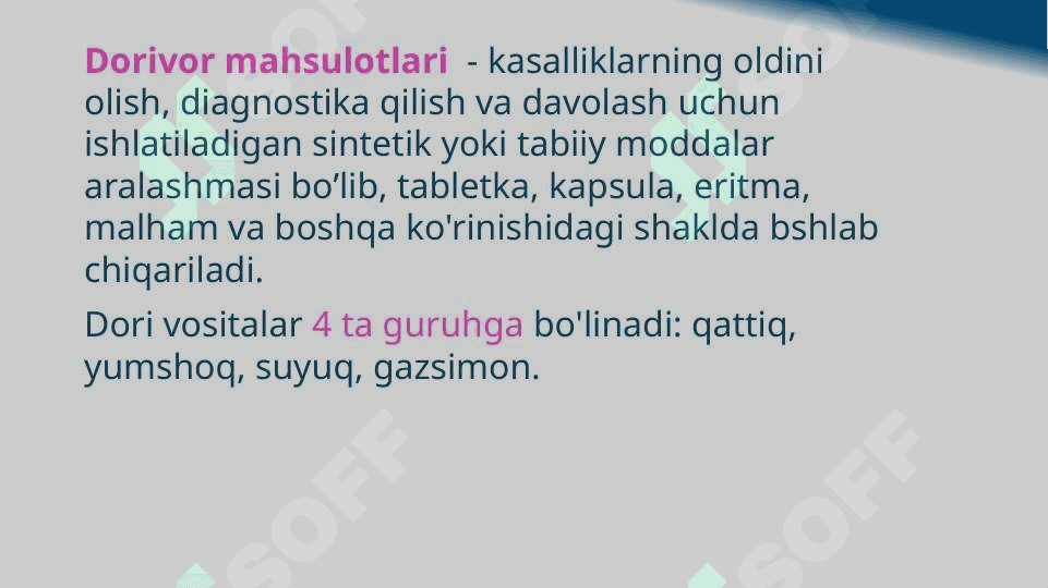 MAVZU:DORI – DARMONLARNING  QO’LLANILISHI 3