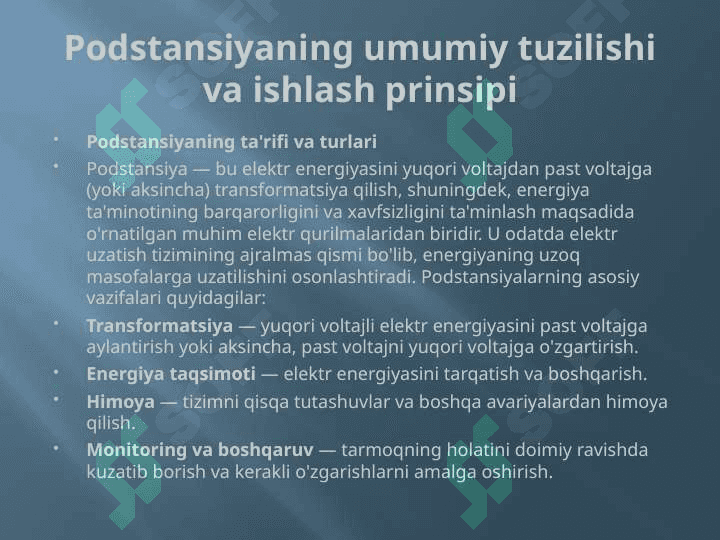 10 0,38 KV li podstansiyalar,montaji ularda yerga ulanish tarmog'i va yashindan ximoyalovchi vositalarini montaji. t.pptx 3