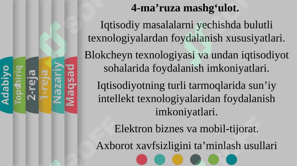 Iqtisodiy masalalarni yechishda bulutli texnologiyalardan foydalanish xususiyatlari. Blokcheyn texnologiyasi va undan iqtisodiyot sohalarida foydalanish imkoniyatlari. Iqtisodiyotning turli tarmoqlarida sun’iy intellekt texnologiyalaridan foydalanish imkoniyatlari. Elektron biznes va mobil-tijorat. Axborot xavfsizligini ta’minlash usullari 2