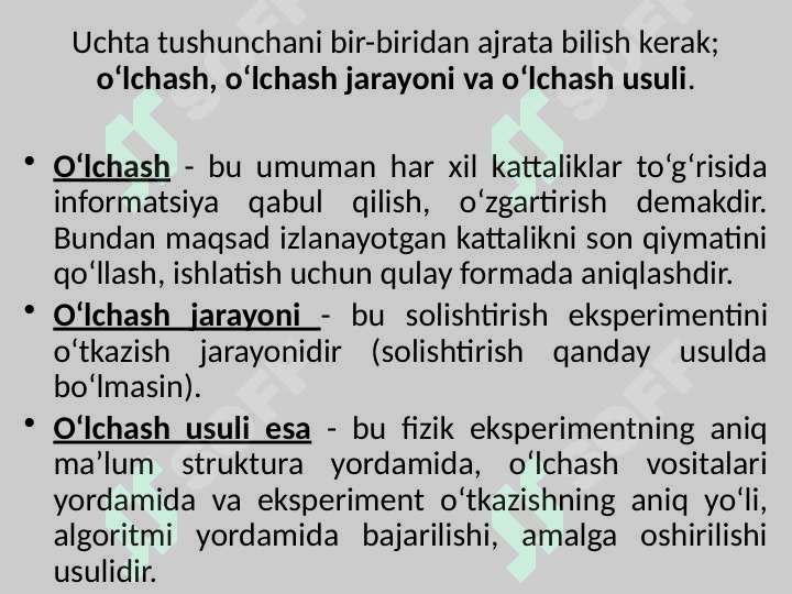 O‘lchash usullari va turlari, o‘lchash vositalari va ularning turlari. O‘lchashlarning sifat mezonlari, o‘lchash xatoliklari va ularning tabaqalanishi, bartaraf etish usullari. 4
