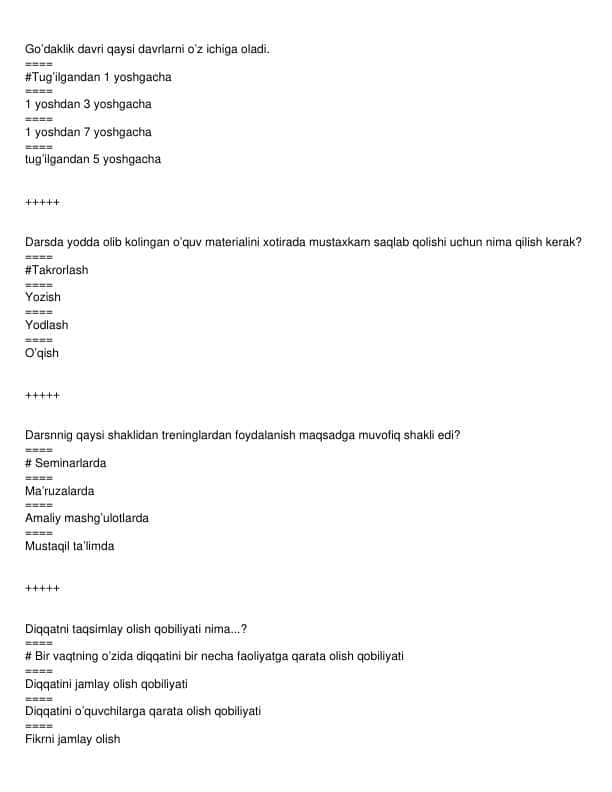 pedagokika fanidan test to'plami