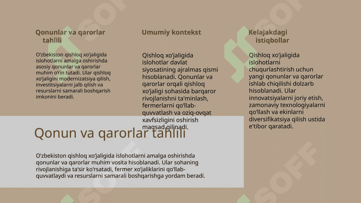 Oʻzbekiston respublikasi qishloq xoʻjaligida islohotlarni chuqurlashtirish borasidagi qonun va qarorlarni oʻrganish va ishlab chiqarishda qollash 2