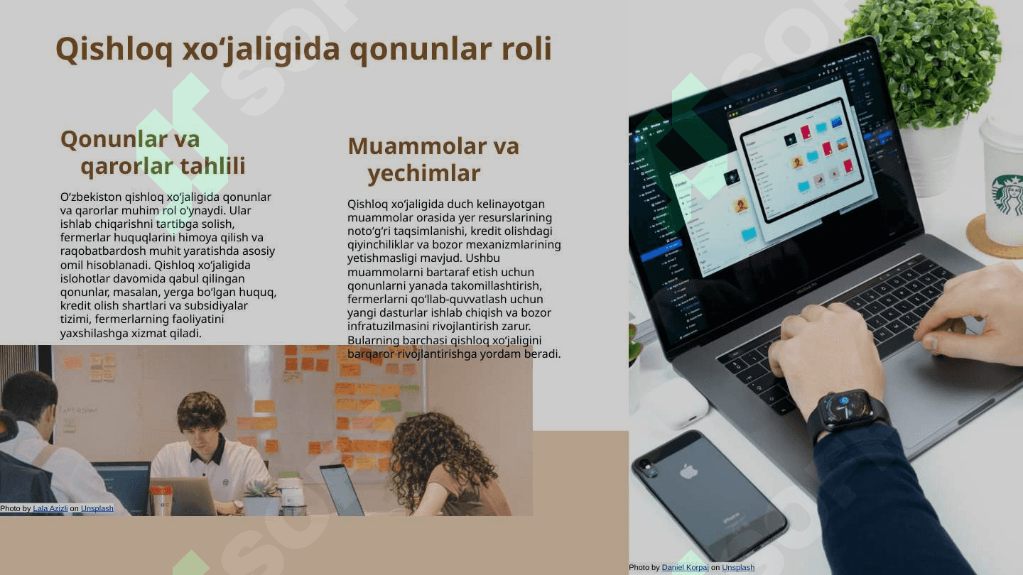 Oʻzbekiston respublikasi qishloq xoʻjaligida islohotlarni chuqurlashtirish borasidagi qonun va qarorlarni oʻrganish va ishlab chiqarishda qollash 4