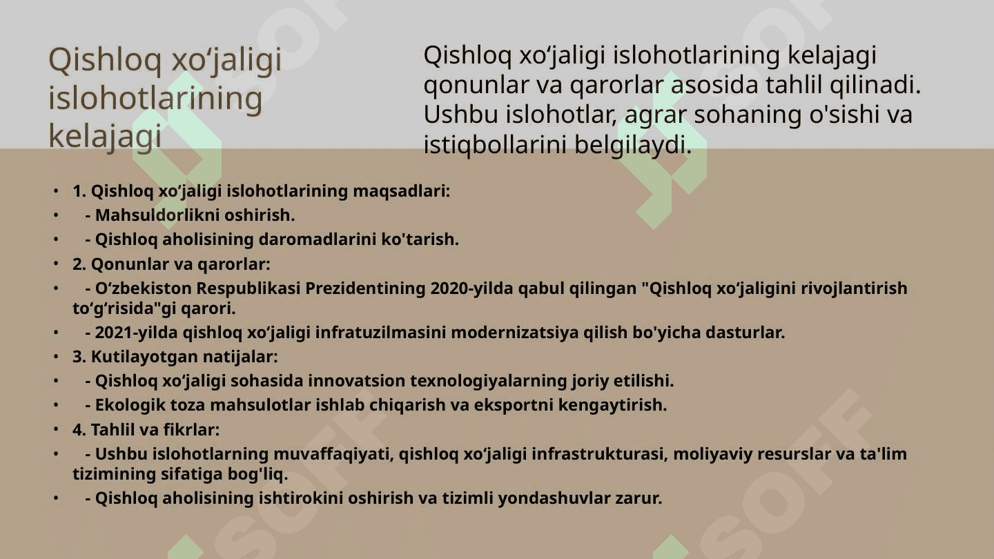Oʻzbekiston respublikasi qishloq xoʻjaligida islohotlarni chuqurlashtirish borasidagi qonun va qarorlarni oʻrganish va ishlab chiqarishda qollash 7