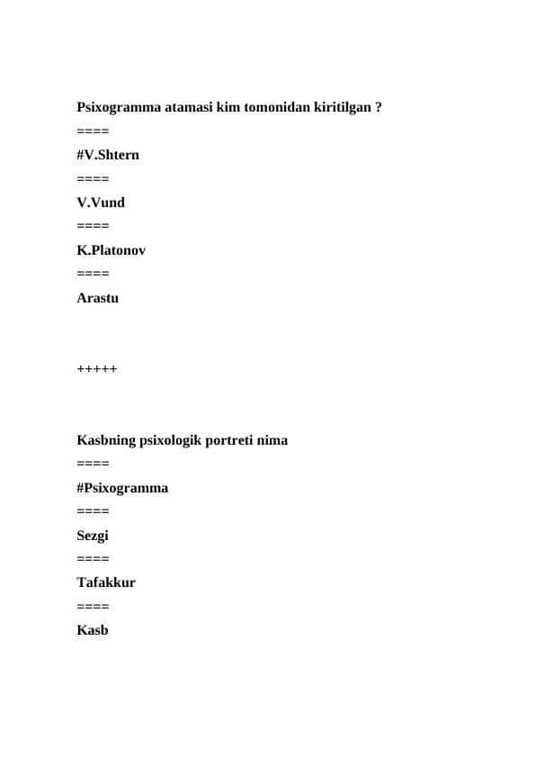 Pedagogika va psixologiya  oraliq  nazor test