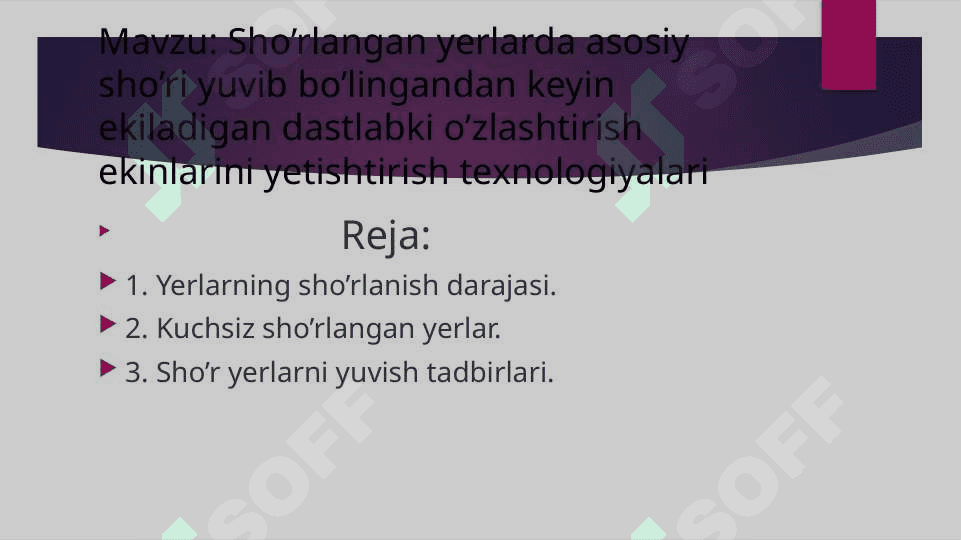 Sho’rlangan yerlarda asosiy sho’ri yuvib bo’lingandan keyin ekiladigan dastlabki o’zlashtirish ekinlarini yetishtirish texnologiyalari 2